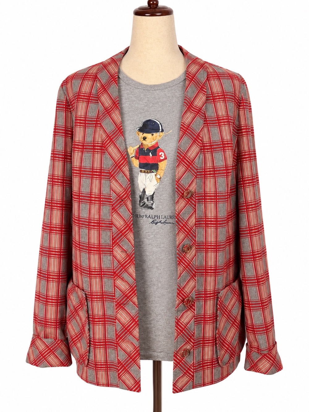 Vintage plaid polyester jacket / blazer. Red, grey. Big front pockets- 10 (M-L)
